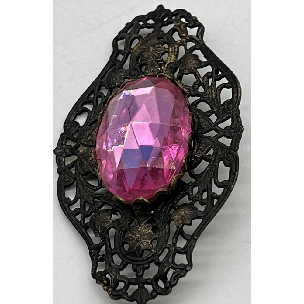 Old Metal Brooch Pin with Pink Glass Gem Brooch Is 3” X 2” , Gem Is 1” Long - Picture 3 of 10